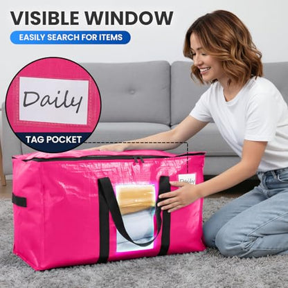TAILI 2 Pack Pink Extra Large Moving Bags, Heavy Duty Totes with Visible Window, Wrap Around Handles, Space-Saving Storage, Alternative to Moving Boxes - color: Pink, size: 2 Large