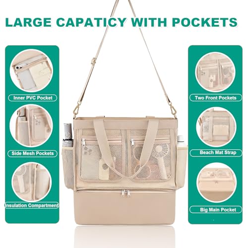 Beach Bags for Women, Large Beach Tote Bag Waterproof Mesh Swim Pool Bag with Cooler for Travel Vacation Essentials - color: Champagne