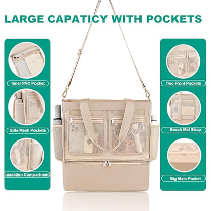 Beach Bags for Women, Large Beach Tote Bag Waterproof Mesh Swim Pool Bag with Cooler for Travel Vacation Essentials - color: Champagne