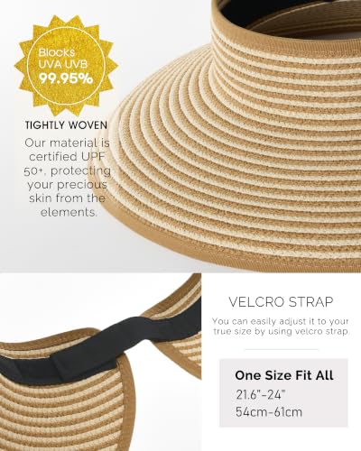 FURTALK Sun Hats for Women Wide Brim Beach Hat Straw Visor Ponytail Summer UV Packable Foldable Beach Vacation Essentials - color: 04-khaki Beige Stripes