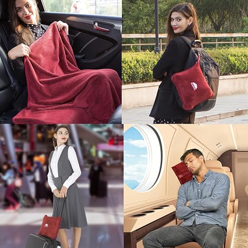 BlueHills Premium Soft Travel Blanket Pillow Airplane Blanket Packed in Soft Bag Pillowcase with Hand Luggage Belt and Backpack Clip Compact Large Long Flights Traveler Essentials Lightweight Red T001 - color: Red-1pk-t001