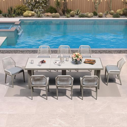 PURPLE LEAF 9 Pieces Patio Dining Set Aluminum Rectangular Table and Wicker Chairs with Cushions for Kitchen Porch Garden Modern Outdoor Furniture Sets, Light Grey - color: Light Grey, size: 9 PCS, style: Rectangular