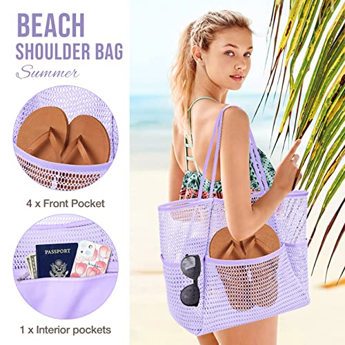 KPX Beach Bag with Mini Pocket, Summer Beach Tote Bags for Women Large Foldable Mesh Swimming Pool Travel Bags - Sandproof - color: Purple