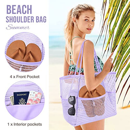 KPX Beach Bag with Mini Pocket, Summer Beach Tote Bags for Women Large Foldable Mesh Swimming Pool Travel Bags - Sandproof - color: Purple