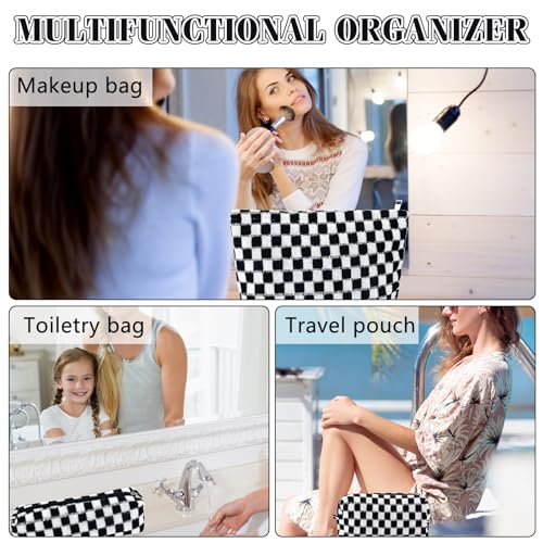 ZLFSRQ 3Pcs Checkered Makeup Bag for Women Large Small Checkered Cosmetic Bag Set Aesthetic Preppy Pencil Case Cute Pencil Pouch Black Makeup Pouch for Purse Travel Toiletry Bags Zipper Skincare Bags - color: B-Checkered 3Pcs Mix Black