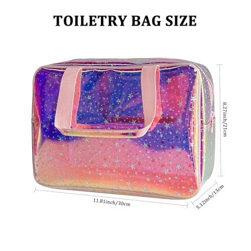 TPU Holographic Pink Star Large Cosmetic Bag 12x5x8 inch Travel Pouch with Handle,Durable Material,Zipper Design-Ideal for Makeup,Travel Essentials (9593-8) - color: Pink 9593-8