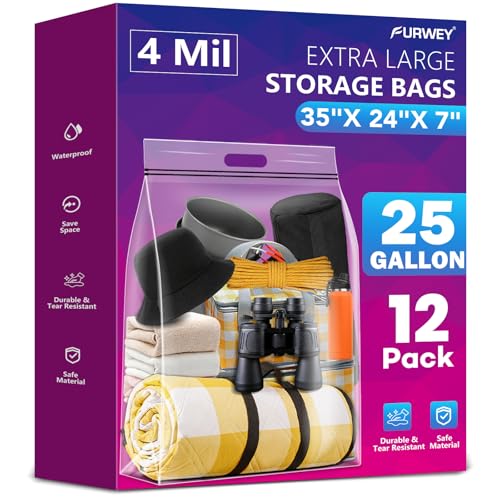 FURWEY 25 Gallon Extra Large Storage Bags 35”x 24”Resealable Clear Bags with Handle 4 Mil Thick Heavy Duty Big Bag for Clothes Pillow Travel Moving,Bedding,Shoes and Toys Storage, Pack of 12 - size: 25 gal - 12 pack