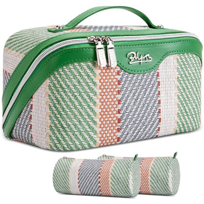 BOYATU Travel Makeup Bag Cosmetic Bag for Women: 3 Pcs Set Make up Bag with Compartments - Waterproof Vegan Leather Toiletry Bags with Handle - Makeup Organizer for Travel Essentials(C-2-Green) - color: C-2-Green