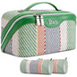 BOYATU Travel Makeup Bag Cosmetic Bag for Women: 3 Pcs Set Make up Bag with Compartments - Waterproof Vegan Leather Toiletry Bags with Handle - Makeup Organizer for Travel Essentials(C-2-Green) - color: C-2-Green