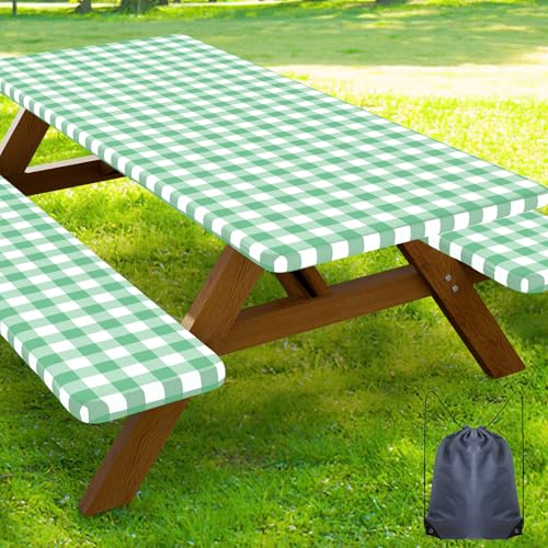 Smiry Picnic Table Cover with Bench Covers, Waterproof Elastic Fitted Tablecloths for 5 Foot Rectangle Tables, Washable Buffalo Plaid Tablecloth for Camping, Outdoor (Sage Green & White, 30"x60") - color: Sage Green and White, size: 30" x 60"