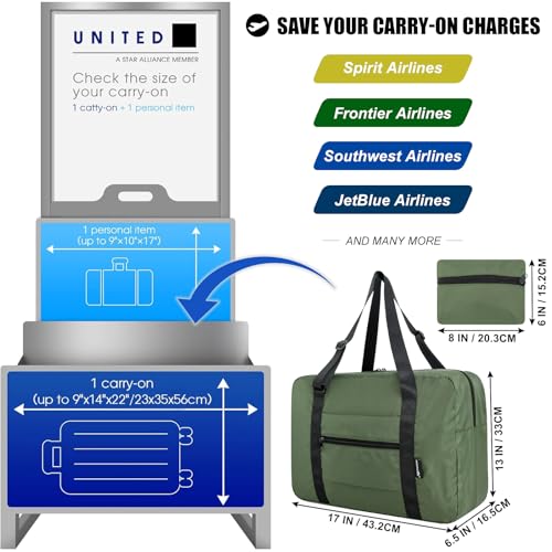 Small Duffle Bag for Men Women, Mini Gym Bag Foldable Travel Tote Carry On Luggage with Trolley Sleeve, Army Green - color: Army green, size: 23L