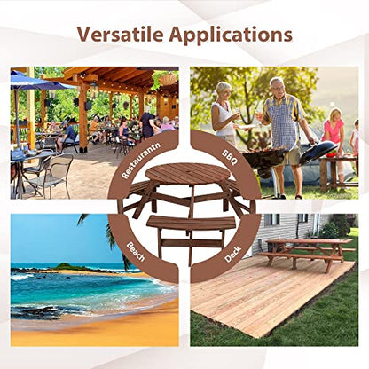 6 Person Circular Outdoor Wooden Picnic Table Sets for Patio Backyard Garden DIY w/ 3 Built-in Benches 1720lb Capacity,Brown - color: Brown-6-round