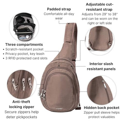 Baggallini Securtex® Anti-Theft Multi Zip Sling - Lightweight 8.6"x15.2" Travel Bag with Locking Zippers & RFID Protection - color: Portobello
