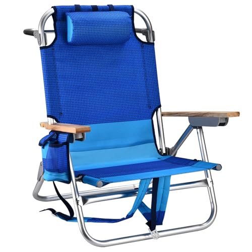 Backpack Beach Chairs for Adults Capacity 300 LBS Low 5 Position Beach Chair with Pouch Straps Folding Lightweight Reclining Aluminum Wide Lay Flat Single - color: 10in Wood Blue 1 Pack
