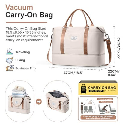 Overnight Weekender Bags for Women,Vacuum Travel Duffel Bag with Air Pump, Personal Item Travel Bag with Shoes Compartment & Compression Pocket,Beige & Brown - color: A-Beige & Brown with Air Pump, size: Large