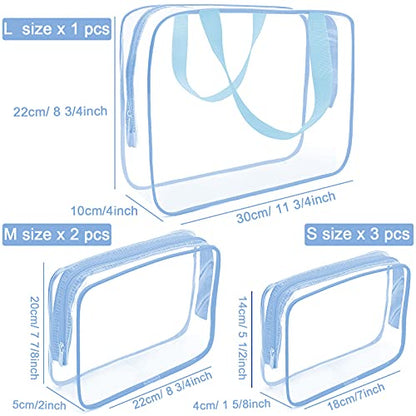 APREUTY Clear Makeup Bags, TSA Approved 6 Pcs Cosmetic Makeup Bags Set Clear PVC with Zipper Handle Portable Travel Luggage Pouch Airport Airline Vacation Organization (Haze Blue) - color: Haze Blue-6PCS (Large+Medium+Small)