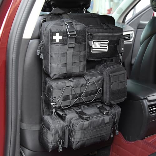 Tactical Car Seat Back Organizer, 2025 Upgrade Tactical Vehicle Panel Organizer with 5 Detachable Molle Pouch for Car Truck Ford Jeep Vehicle - color: Black