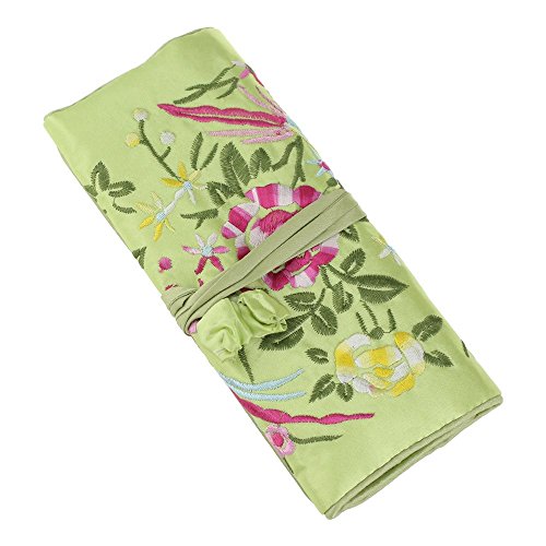 Light Green Multi-Use Silk Jewelry Organizer Roll – Vintage Embroidery Case for Travel/Daily/Events Foldable Zippered Pouch for Rings & Necklaces | Luxury Compact Gift. - color: Light Green