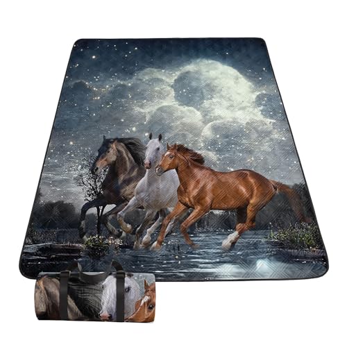 Outdoor Picnic Blanket Portable Ultrasonic Waterproof Picnic Mat 3D Horses Printed Camping Beach Mat for Sand and Wet Grass Hiking (3D Horses L) - color: 3d Horses, size: Extra Long - 78"x78"