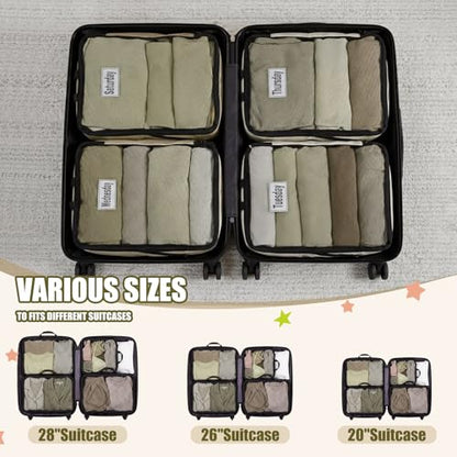 7 Pcs Packing Cubes for Travel Days of Week Compression Packing Cube with Labels Organizers Luggage Storage Bag(Brown,Large) - color: Brown