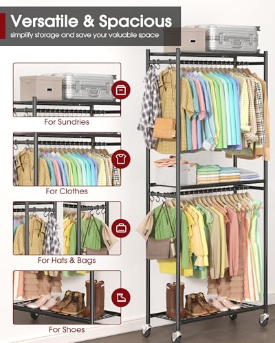 Sakugi Clothes Rack - 33.0" x 12.2" x 79.5" Clothing Rack with Shelves & Wheels, Multi-Functional Wardrobe Closet with Hooks, Sturdy Metal Garment Rack for Bedroom, Laundry, Balcony (Black) - color: Black, size: Large