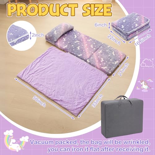 Preschool Nap Mat with Pillow and Blanket, 21" x 50" Glow Sleeping Bag Toddler Nap Mat for Daycare Kids, 2" Thick All in one Foldable Floor Mattress for Girl Boys - style: Unicorn