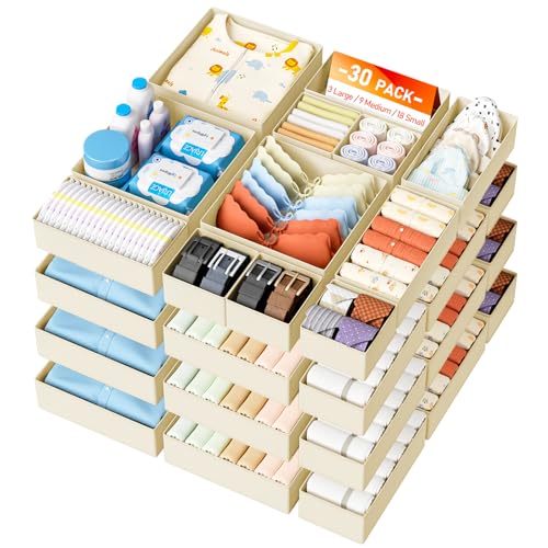 DIMJ Drawer Organizer Clothes Storage - 30 Pack Baby Dresser Organizer for Nursery, Small Fabric Closet Drawer Organizer Bins for Underwears Socks, Foldable Storage Dividers Organization for Bedroom - color: Beige, size: 30 Pack