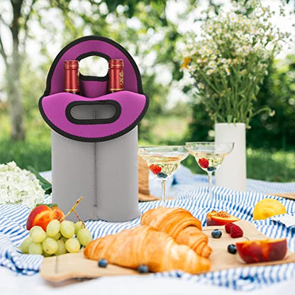 Hipiwe 2 Bottle Wine Tote Carrier Bag With Handle - Neoprene Insulated Holder for Water Bottles, Beer, Drinks - Protective Travel Picnic Carrier - style: Grey + Purple