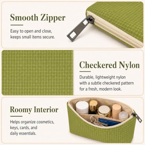 Small Zipper Pouches for Purse, 3 Pack Green Checkered Nylon Pouch Set, Purse Organizer Pouches for Makeup, Cards, Keys, Cables & Travel Essentials - color: GreenPlaid/Nylon