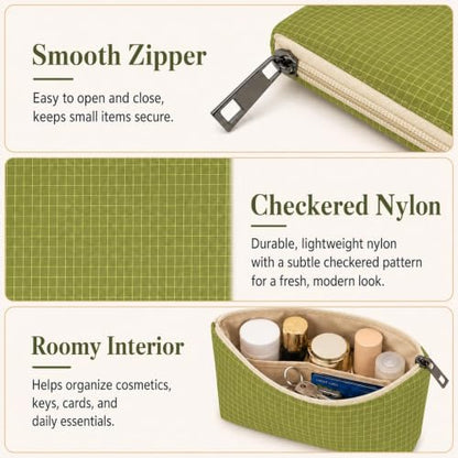 Small Zipper Pouches for Purse, 3 Pack Green Checkered Nylon Pouch Set, Purse Organizer Pouches for Makeup, Cards, Keys, Cables & Travel Essentials - color: GreenPlaid/Nylon