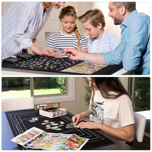 Puzzle Mat Roll Up with Drawstring Storage Bag, Portable Saver Pad 46” x 26” Up to 1500 Pieces with Non-Slip Rubber Bottom & Smooth Top + 4 Puzzle Sorting Trays & Travel-Friendly Storage Bag