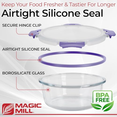 Magic Mill Premium Borosilicate Glass Food Storage Containers with lids Set | 24pc Sets with 12 Bowls & 12 Airtight Locking Lids for Lunch & Meal Prep, Safe for Oven, Freezer, Dishwasher, BPA-Free - color: Purple