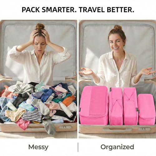 4 Piece Compression Packing Cubes for 3–7 Day Travel, Space Saving Travel Organizers with Breathable Mesh, Double-Zipper Packing Cubes for Carry-On & Suitcases (Pink) - color: Pink
