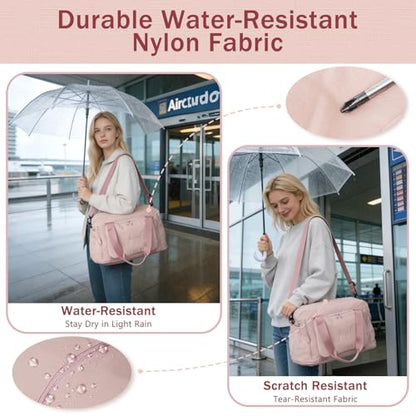 Travel Duffel Bag, 30–40L Expandable Weekender Bag with Shoe Compartment, Foldable Carry On Travel Bag with Wet Pocket and Matching Pouch - color: Pink