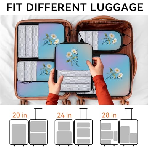 Custom 6 Set Compression Packing Cubes for Travel, Personalized Lightweight Luggage Organizer Bags with Birth Flower, Expandable Large Expandable Packing Organizer, Light Blue - color: Blue Pinks Purple