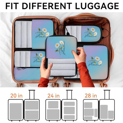 Custom 6 Set Compression Packing Cubes for Travel, Personalized Lightweight Luggage Organizer Bags with Birth Flower, Expandable Large Expandable Packing Organizer, Light Blue - color: Blue Pinks Purple