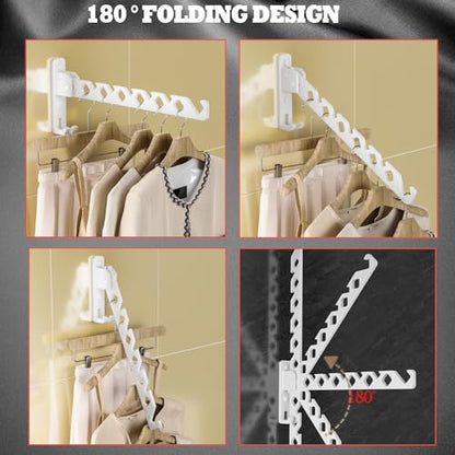 Dr.DJ Wall Mount Coat Hanger Holder White Clothes Drying Organizer Rack Garment Hooks Aluminium Retractable Folding Indoor Wall Mounted Hanger for Laundry Room Bedroom White 2Pack with 80cm Rod - color: White 2Racks+Rod