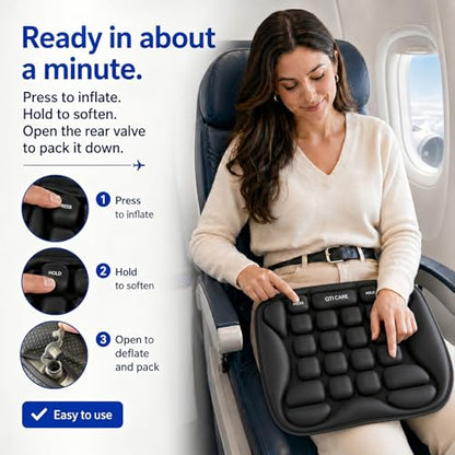 Airplane Seat Cushion, Air-Cell Travel Cushion for Long Flights, Inflatable Portable Seat Pad with Built-in Pump for Air Travel, Car, Office Chair and Wheelchair - color: Black Xxl