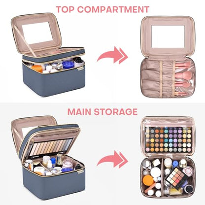 HXLGMD Large Makeup Bag with Mirror Double Layer Travel Make Up Organizer Case, Large Capacity Coemetic with Brush Slot Divider, Travel Toiletry Bag for Women (Aegean Blue) - color: Aegean Blue
