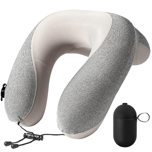 Inflatable Travel Neck Pillow for Airplane with Adjustable 360° Head & Neck Support, 2-in-1 Air Pump and Storage Bag, Soft Removable Washable Cover for Airplane, Train, Office (1, Gray) - color: Gray