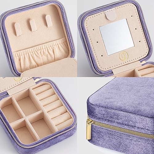 ZPROW Plush Velvet Travel Jewelry Case, Travel Jewelry Organizer, Jewelry Travel Case,Travel Jewelry Box, Small Jewelry Case for Women, Jewelry Travel Box, Earring Organizer with Mirror - Periwinkle - color: Velvet 1 Pack - Periwinkle
