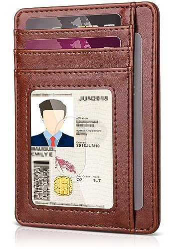 Teskyer Slim Wallet for Men, Minimalist Front Pocket RFID Blocking Leather Wallet Credit Card Holder for Men & Women - color: Brown