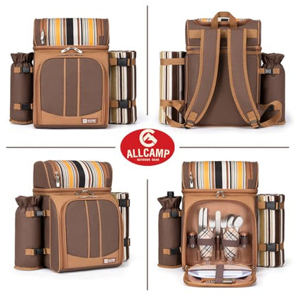 ALLCAMP Picnic Backpack - Insulated Cooler Bag with Compartment, Detachable Wine Glass Holder, Throw Blanket & Cutlery Set,2 Person Picnic Set for Family Outings, Couple Gifts (Brown) - color: Brown, size: 2 person