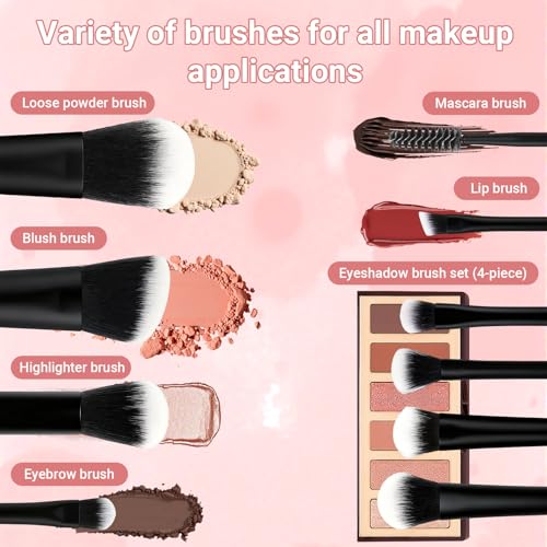 10 Pcs Mini Travel Makeup Brush Set with Pouch, Foundation, Eyeshadow, Blush, Highlighter, Angled Brow & Mascara Brushes - Soft Synthetic Fiber Brushes for On-The-Go & Daily Makeup (Black) - color: Black