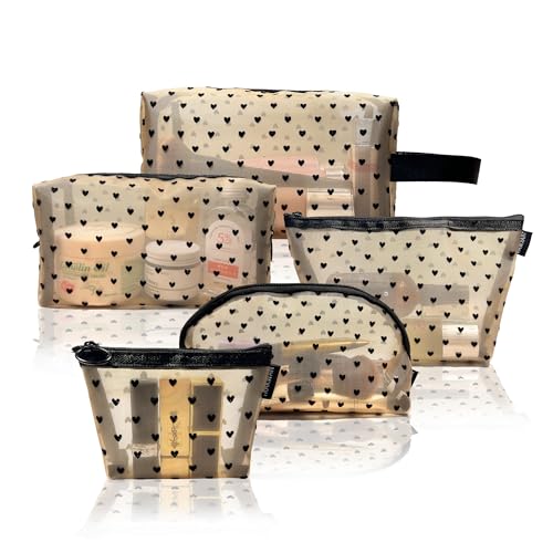5 Pieces Mesh Heart Makeup Bags Sets, Zipper Mesh Cosmetic Bag Toiletry Bag, Travel Makeup Bags for Women, Small Items Storage Organizer Bags for Home Office Travel (Beige) - color: Beige, size: 5PCS