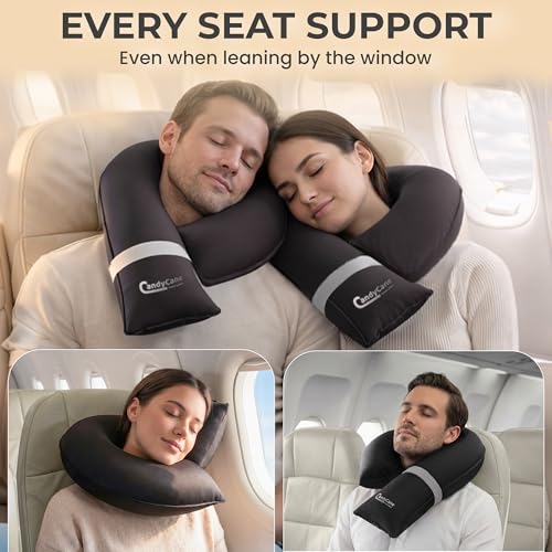 CANDY CANE Inflatable Neck Pillow for Airplane Travel with J-Shaped Design and 360° Support - Head, Neck & Chin Rest for Any Seat, Including Window Leaning - Compact Blow-Up Travel Pillow - color: Black
