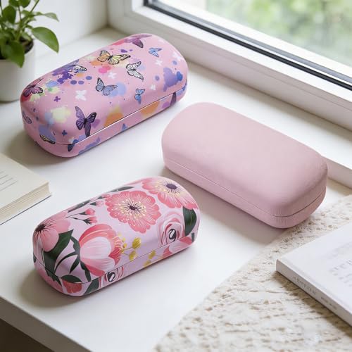 PERFECTSIGHT Sunglasses Case, Large Hard Shell Glasses Case, Cute PU Leather Protective Eyeglasses Case for Women Men - color: Pink