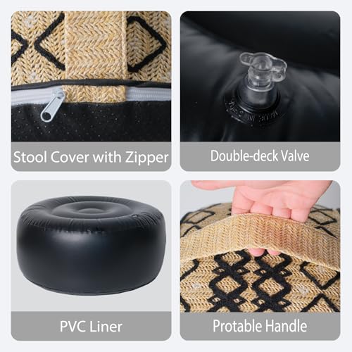 Outdoor Inflatable Ottoman with Air Pump, Embroidery Patio Footrest Stool D21”x H9”, Round Pouf Ottoman with Portable Handle Suitable for Garden, Camping, Bedroom, Living Room - color: Black Embroidery