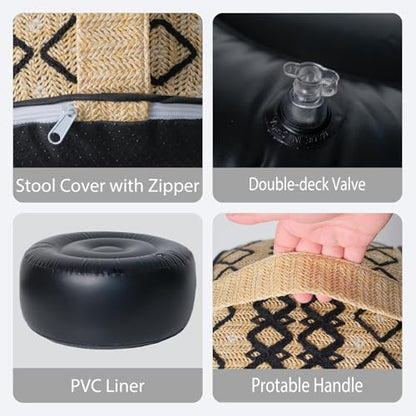 Outdoor Inflatable Ottoman with Air Pump, Embroidery Patio Footrest Stool D21”x H9”, Round Pouf Ottoman with Portable Handle Suitable for Garden, Camping, Bedroom, Living Room - color: Black Embroidery