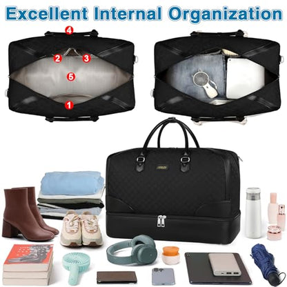ITIEZY Weekender Overnight Bag for Women - Large Travel Duffel Bag with Shoe Compartment, Gym Duffel Bag Hospital Bag Carry On Tote Bags for Airplanes with Crossbody Bag Toiletry Bag 3Pcs Set - color: 9-black
